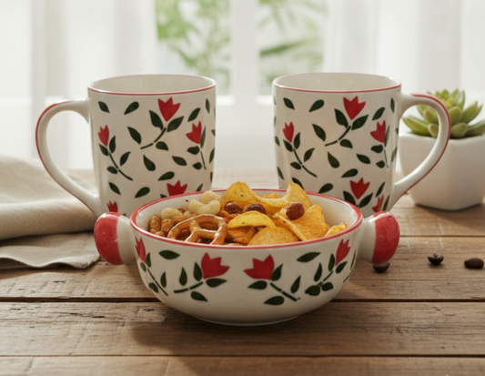 Red Floral Mug And Bowl Set
